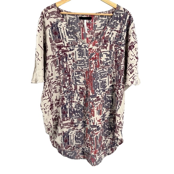 Anthropologie Tops - Margarita Saplala Silk Blouse Beige Graphic Print Oversize V-Neck Lightweight XS